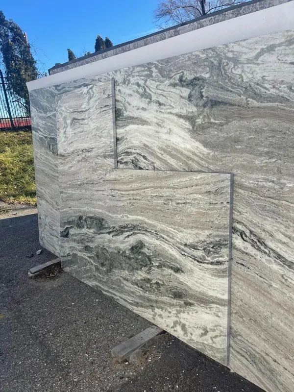 Veined natural stone slab at the fabrication yard