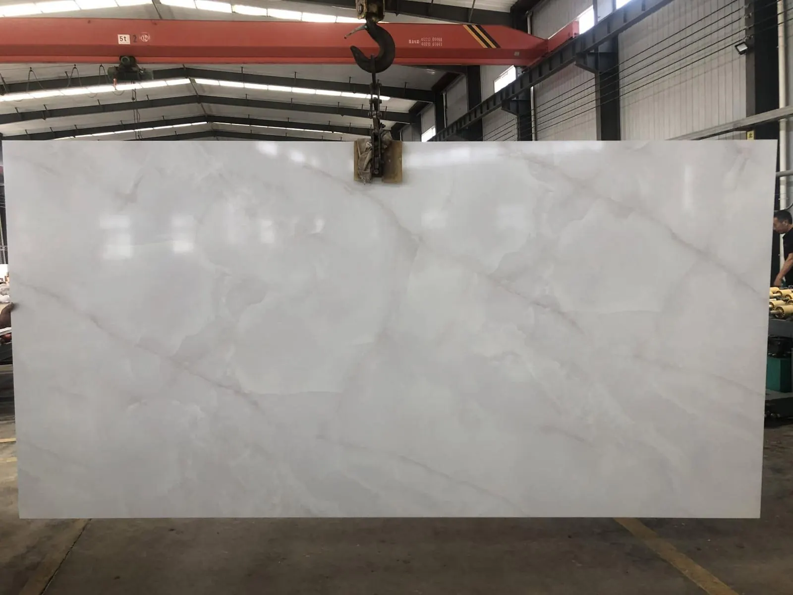 White marble-look slab at the fabrication shop