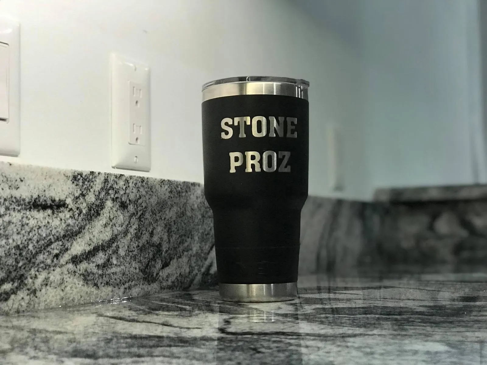 Stone Proz tumbler on a newly installed granite countertop